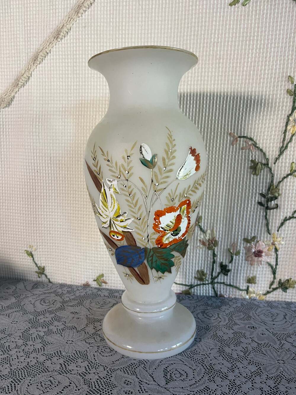 Antique Style Frosted Satin Glass Vase Hand Painted Enamel Flowers Gold Trim